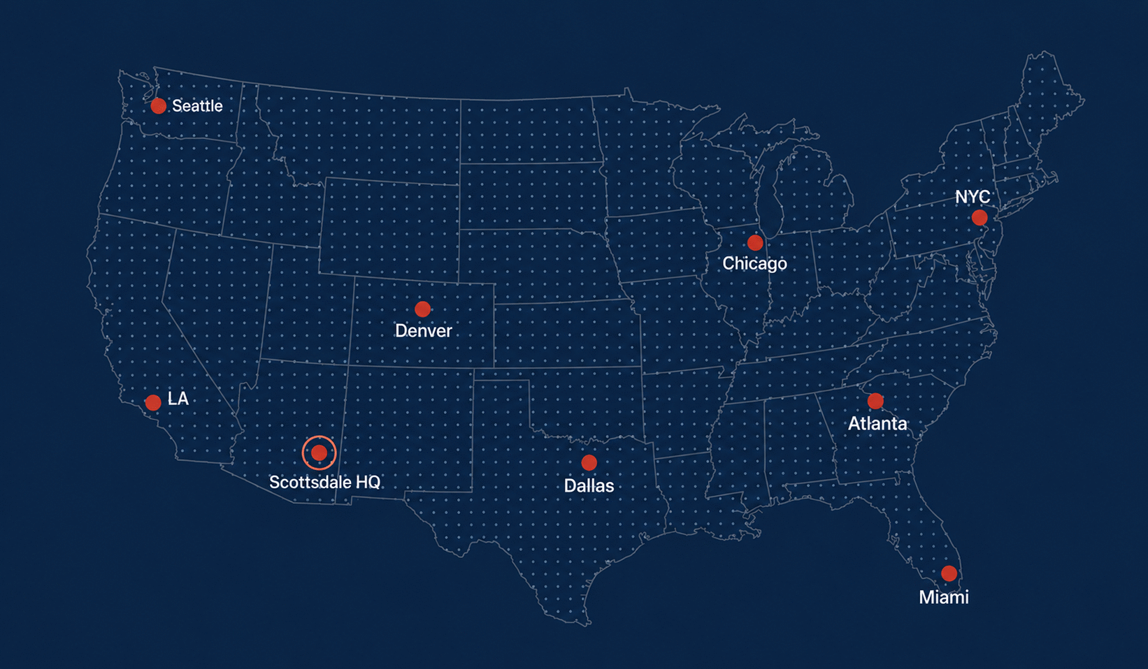 USA Radio Rentals coverage map — shipping nationwide from Scottsdale, AZ to Seattle, LA, Denver, Dallas, Chicago, Atlanta, New York and Miami